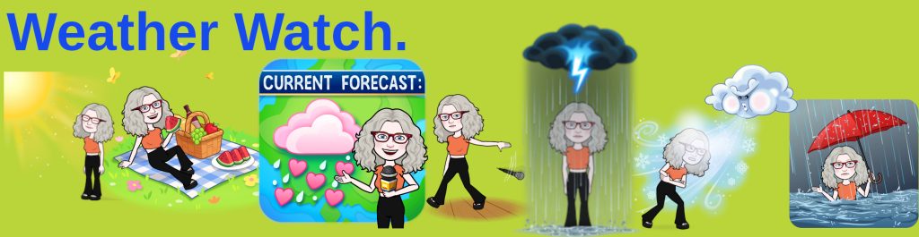 7 cartoon figures of Julia experiencing changing weather conditions, from left to right: a sunny day, a picnic, a weather forecast, a mic drop, a thunder storm, freezing wind, standing sternum high in floodwater.